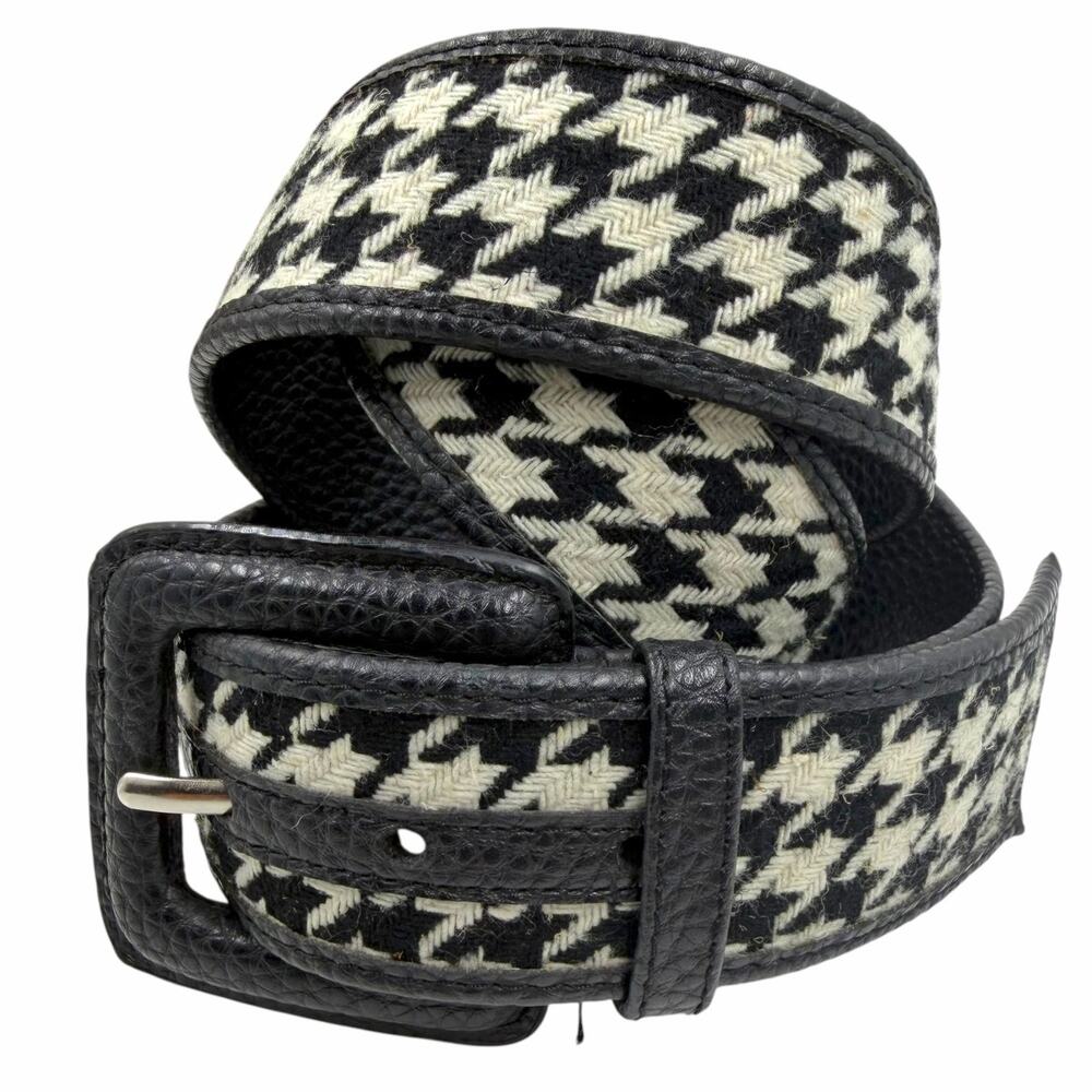 VTG 80s 90s Houndstooth Fabric Faux Leather Belt Black White Wide Size M/L
